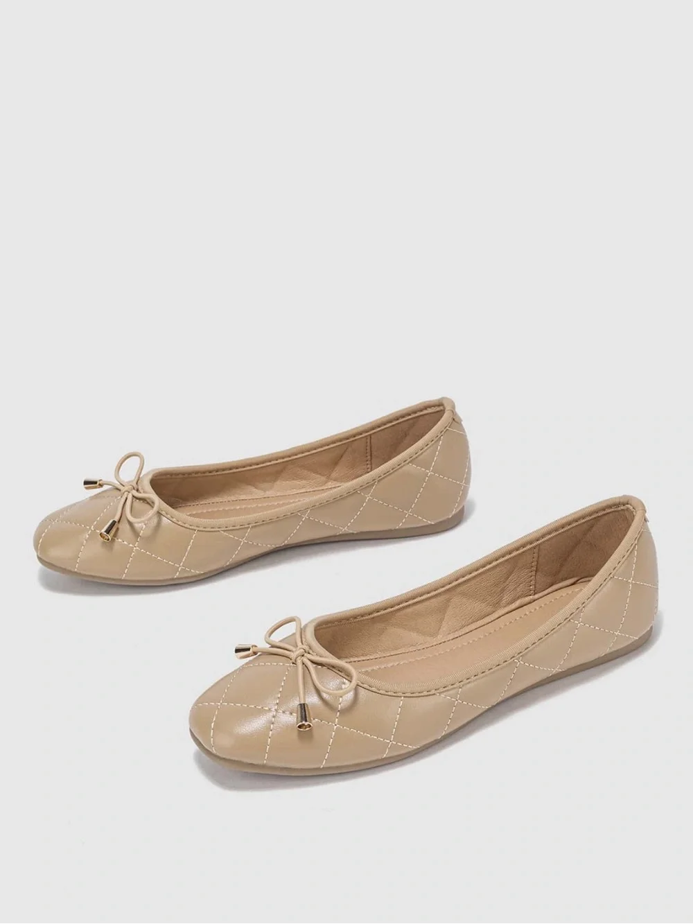 Quilted Apricot Ballet Flats with Decorative Bow